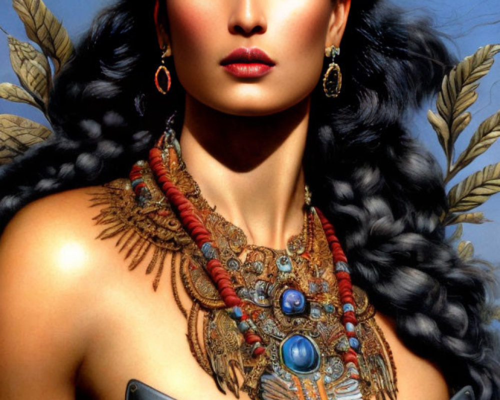 Elaborate feathered headpiece, gold necklace, metallic armor under clear blue sky