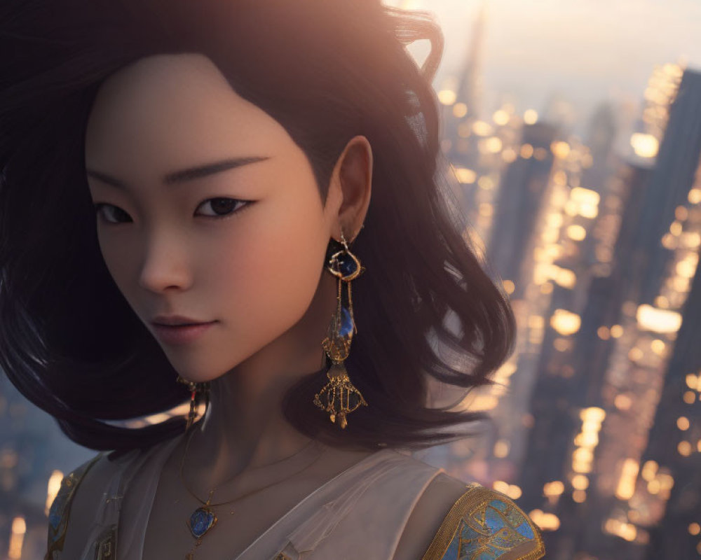 Digital portrait of Asian woman with stylized hair and elegant earrings in cityscape at sunset