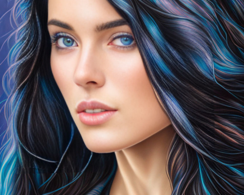 Detailed Close-Up Illustration: Woman with Striking Blue Eyes and Blue Streaks in Dark Hair