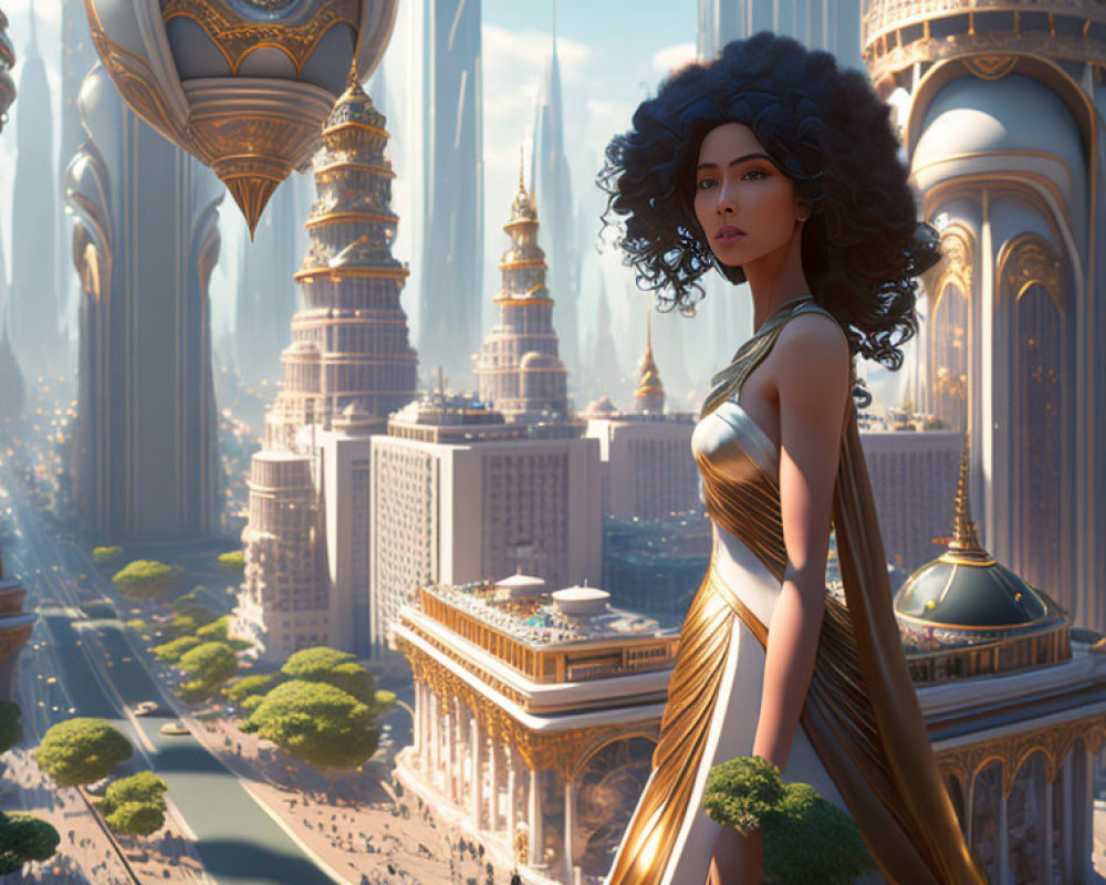 Woman in Golden Dress Stands Before Futuristic City