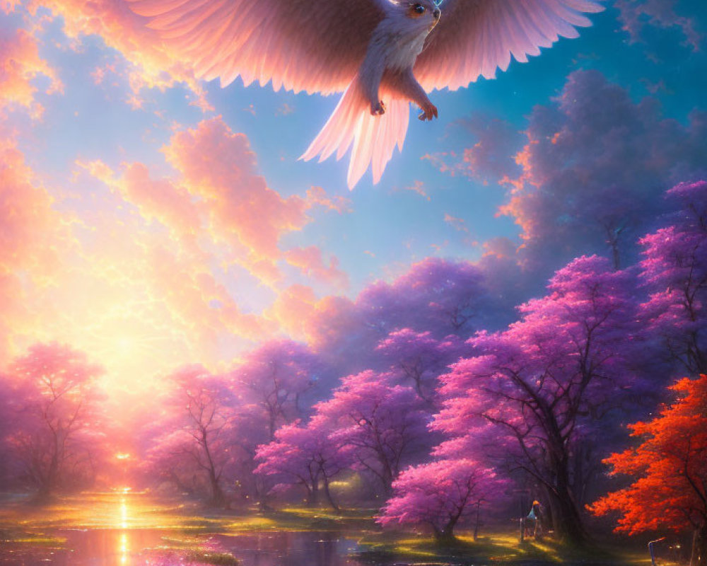 White Owl Flying Over Serene Landscape with Pink Trees