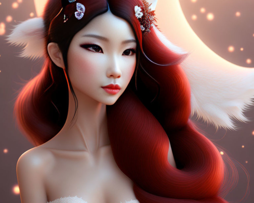 Digital Artwork: Woman with Fox-like Ears and Red Hair in Mystical Setting