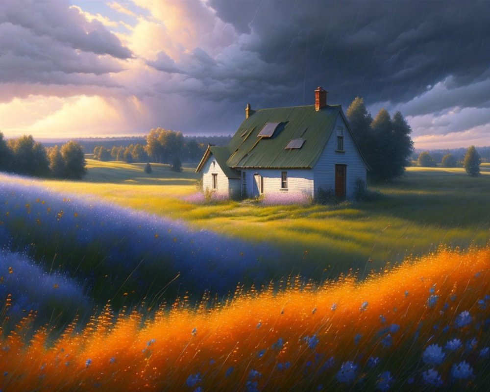 Tranquil landscape with small house, colorful flowers, and dramatic sky