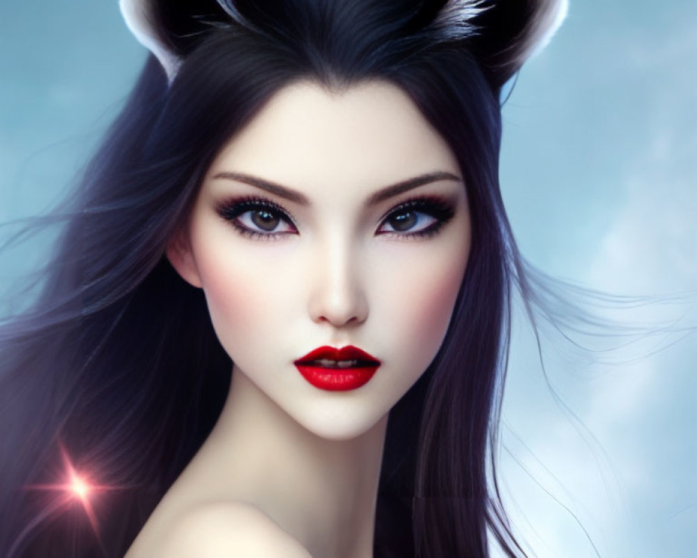 Digital portrait of woman with fox ears and red lipstick on soft blue background