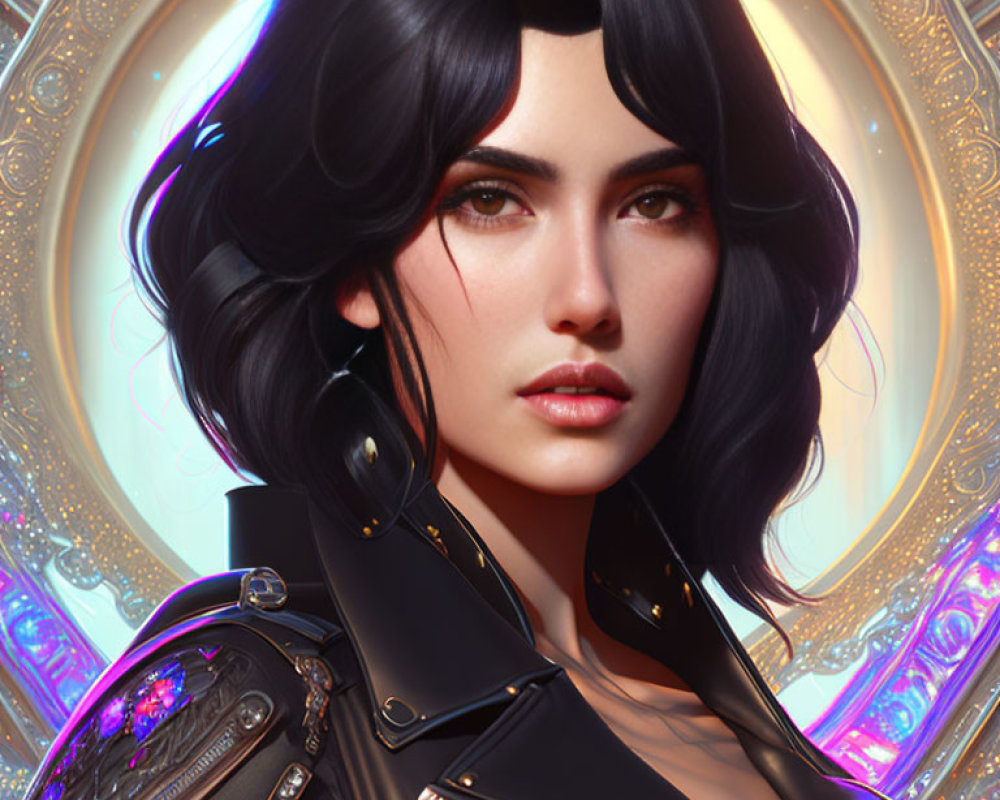 Dark-haired woman in futuristic black jacket digital portrait.