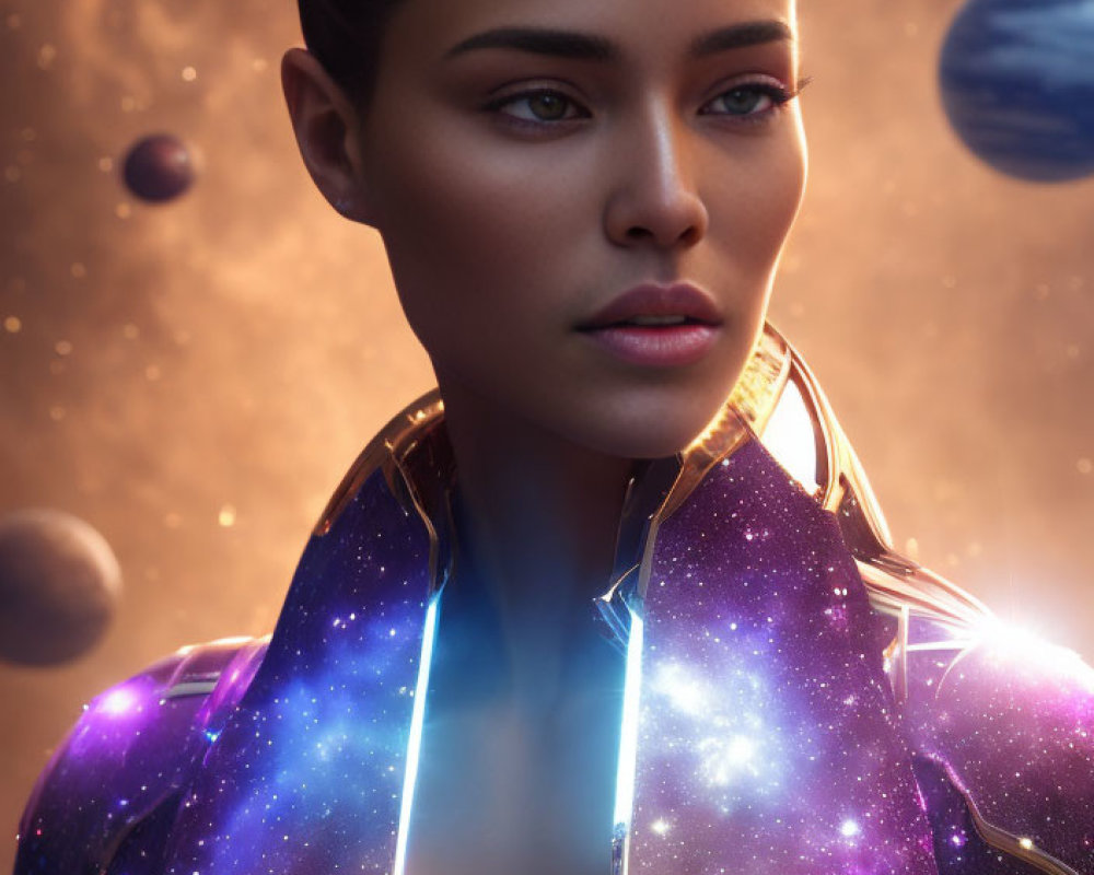 Cosmic-themed woman portrait with glowing star patterns