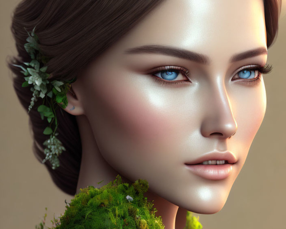 Detailed digital artwork of woman with moss and flowers, blue eyes, fair skin, subtle smile