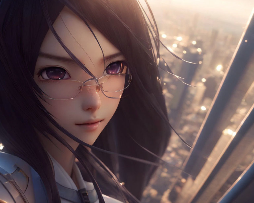 Long-haired female character with purple eyes and glasses gazes at cityscape at sunset