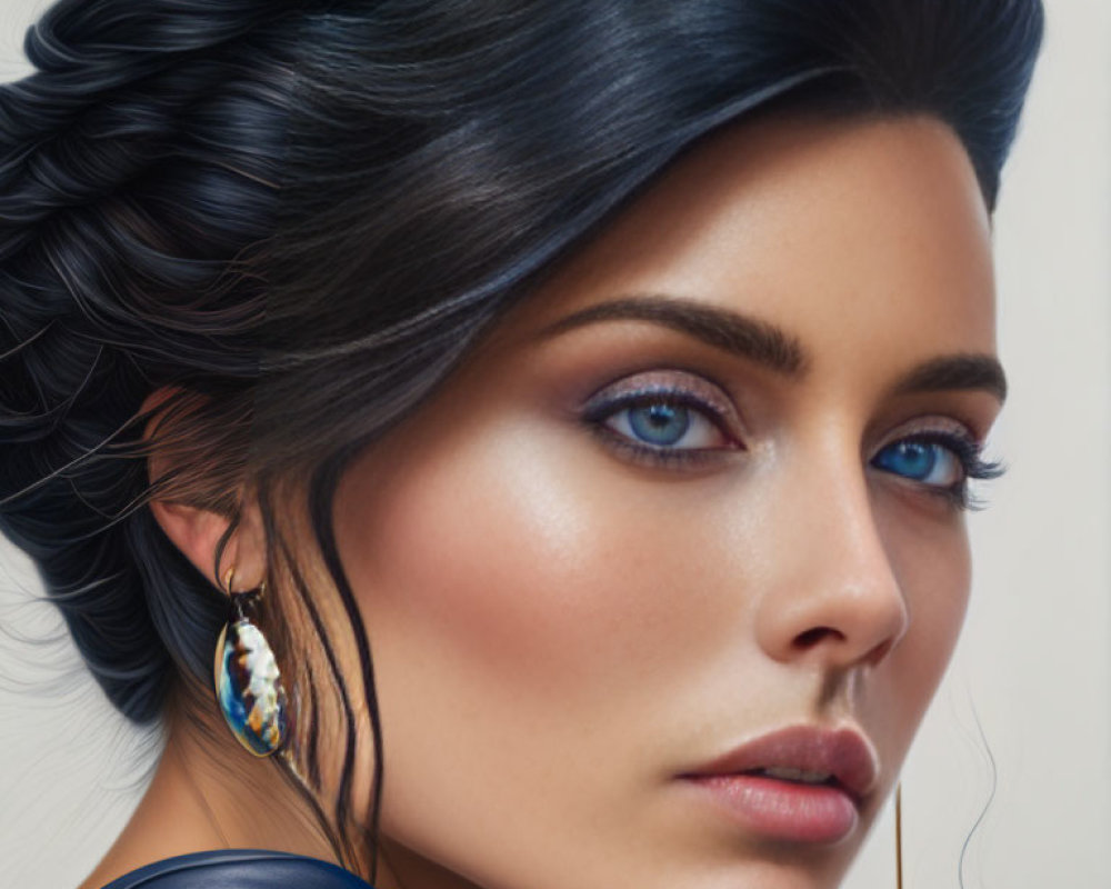 Woman with Braided Black Hair Updo and Striking Blue Eyes in Blue Top