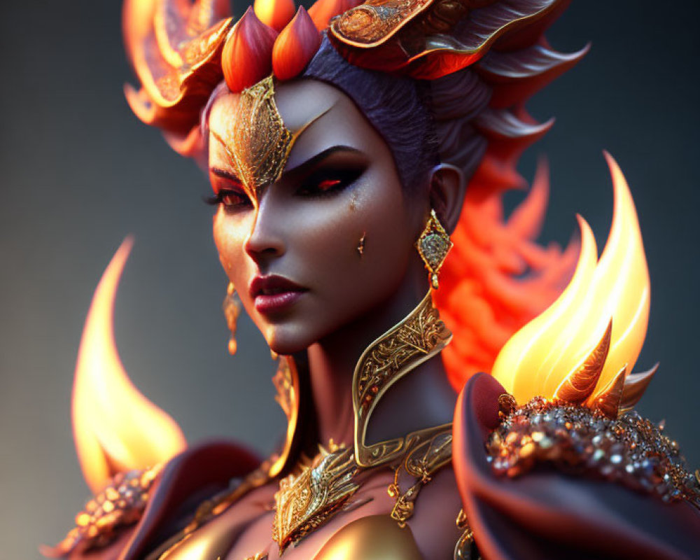 Majestic fantasy female figure with horns, golden armor, and flames