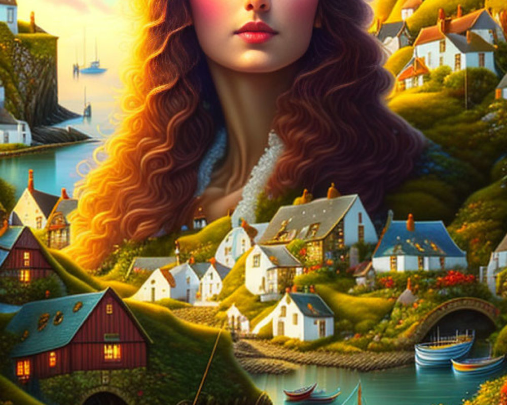 Surreal illustration: Woman's face merges with coastal village scene