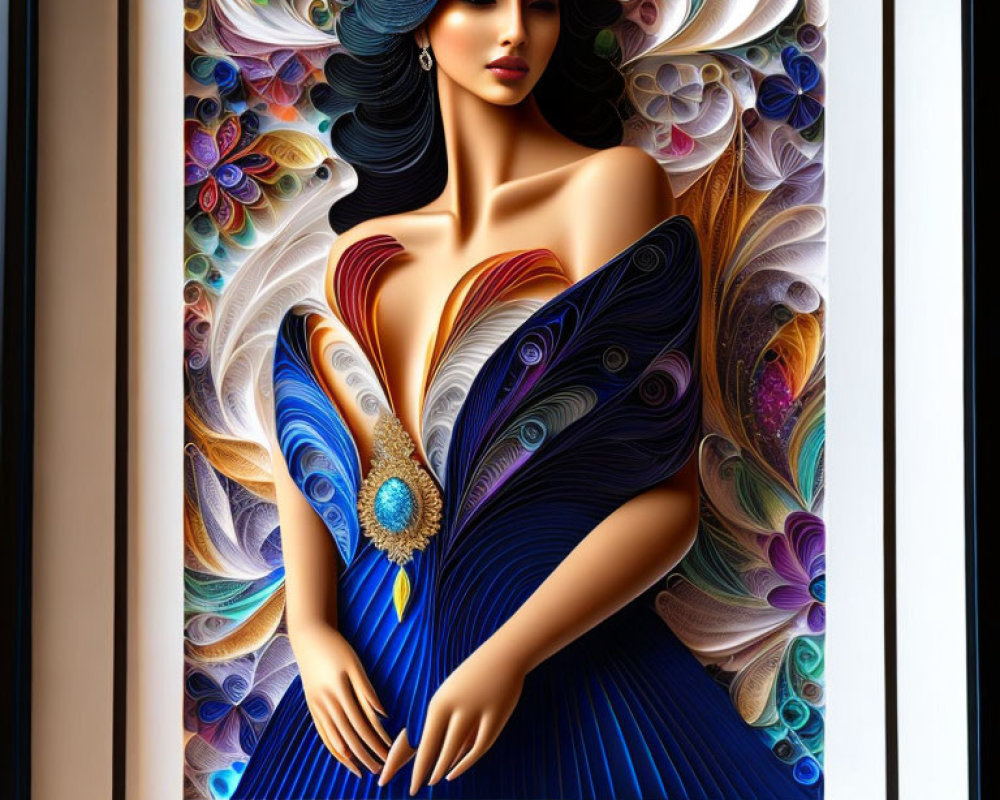 Stylized woman with dark hair in vibrant peacock-themed dress