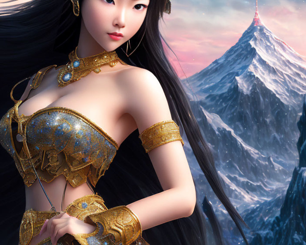 Illustrated female character in ornate golden armor against snowy mountain backdrop