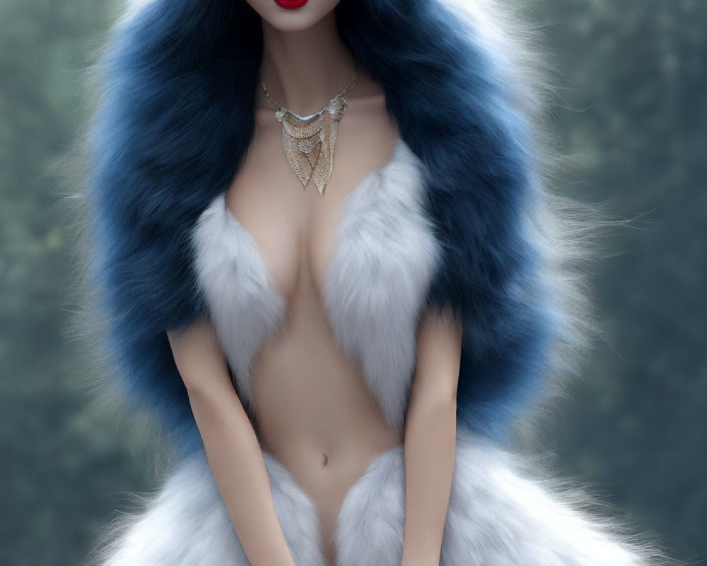 Blue-haired woman in white fur with gold necklace on forest backdrop