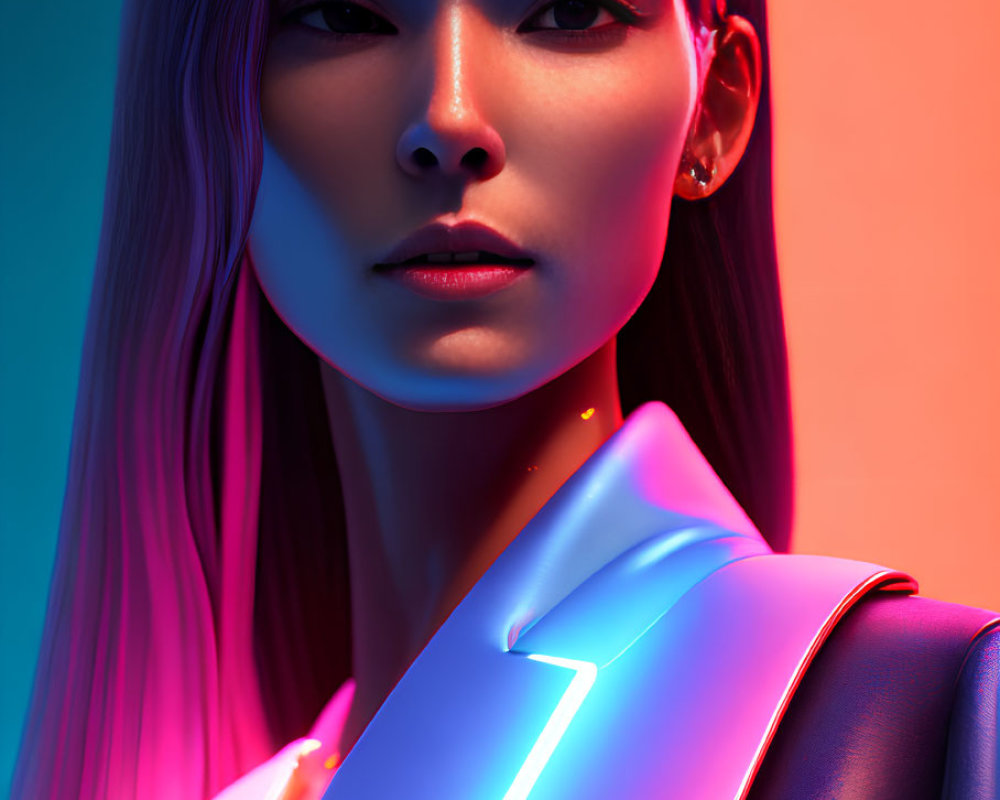 Striking makeup on a woman in futuristic neon light outfit