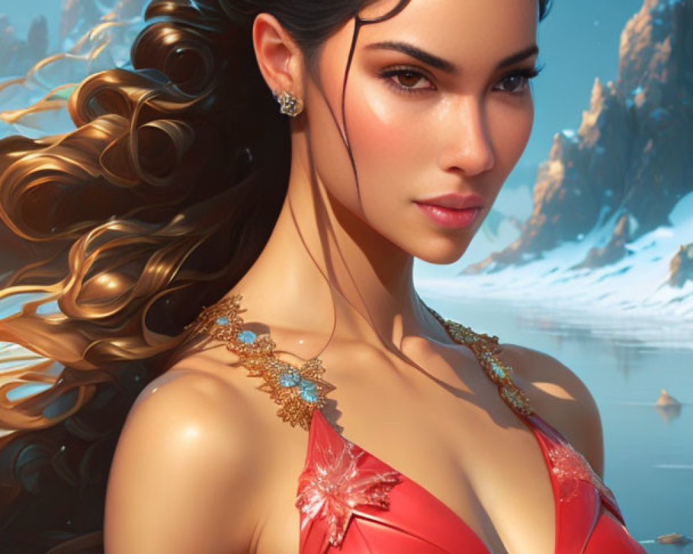 Digital portrait of woman with long wavy hair in red gown against snowy mountain landscape