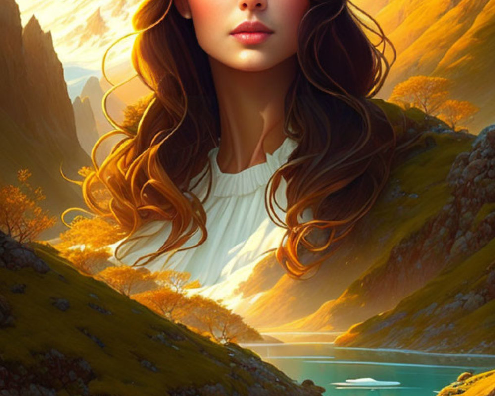 Digital artwork of woman with flowing hair in serene mountain landscape