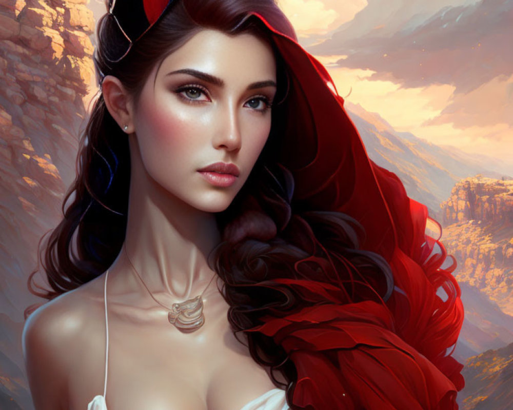 Fantasy-style artwork of woman with devil horns and red scarf against mountainous backdrop