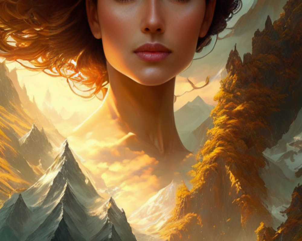 Digital artwork: Woman's portrait merges with surreal mountain landscape