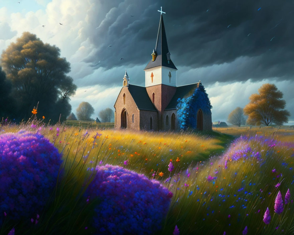 Tranquil church in vibrant flower field under dramatic sky