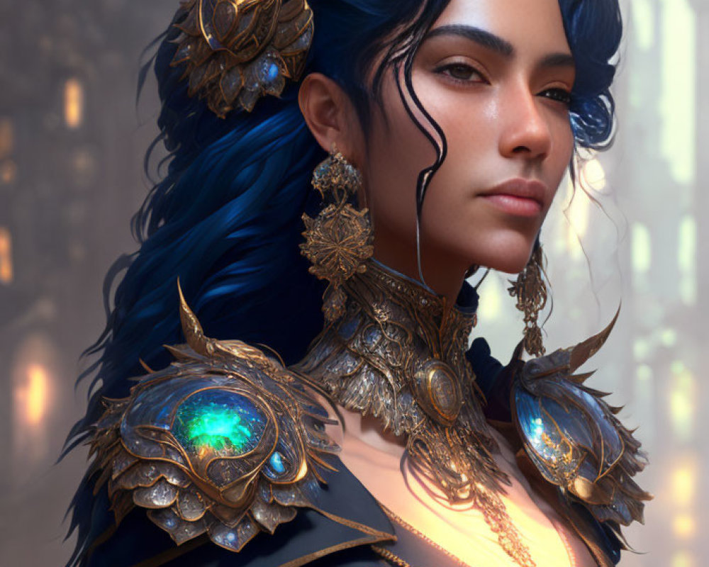 Regal character with blue hair and golden armor featuring mythical motifs