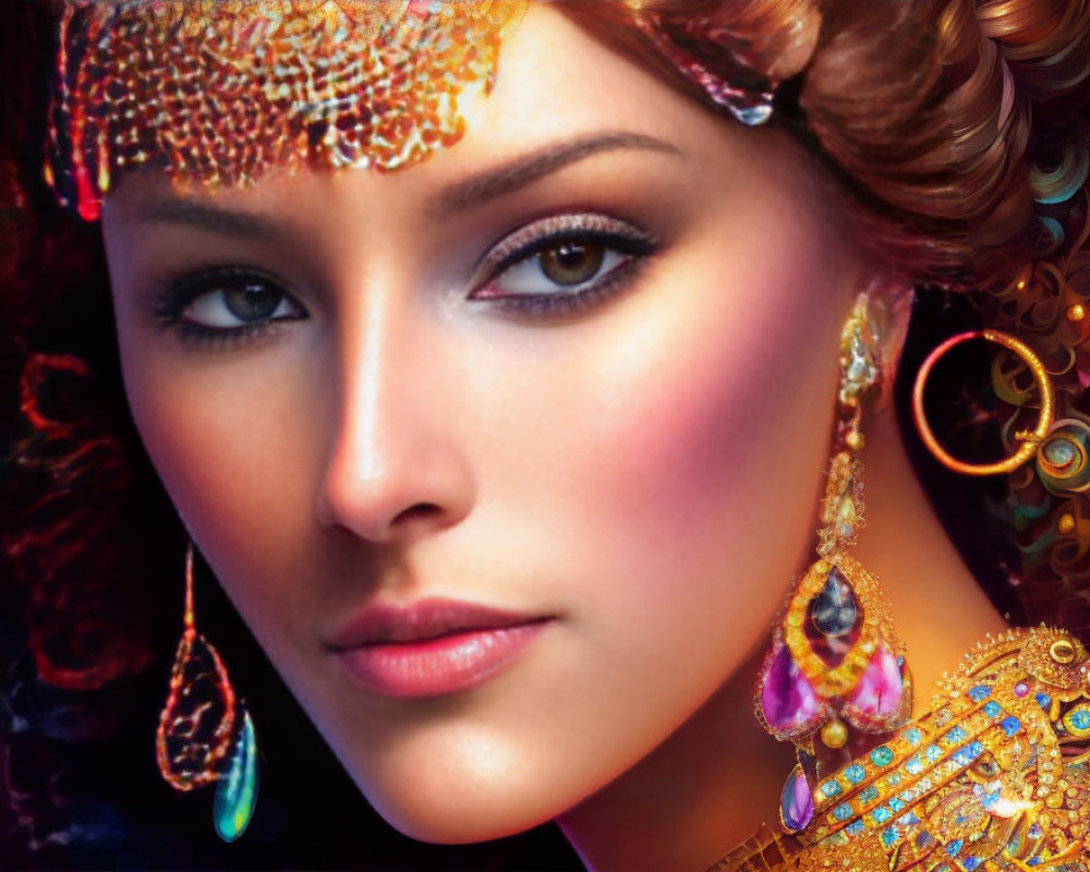 Woman with Striking Makeup and Elaborate Jewelry: Elegance and Exotic Beauty