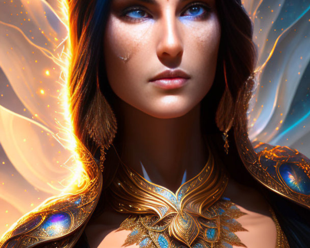 Portrait of woman with blue eyes, golden armor, and ethereal wings on soft backdrop