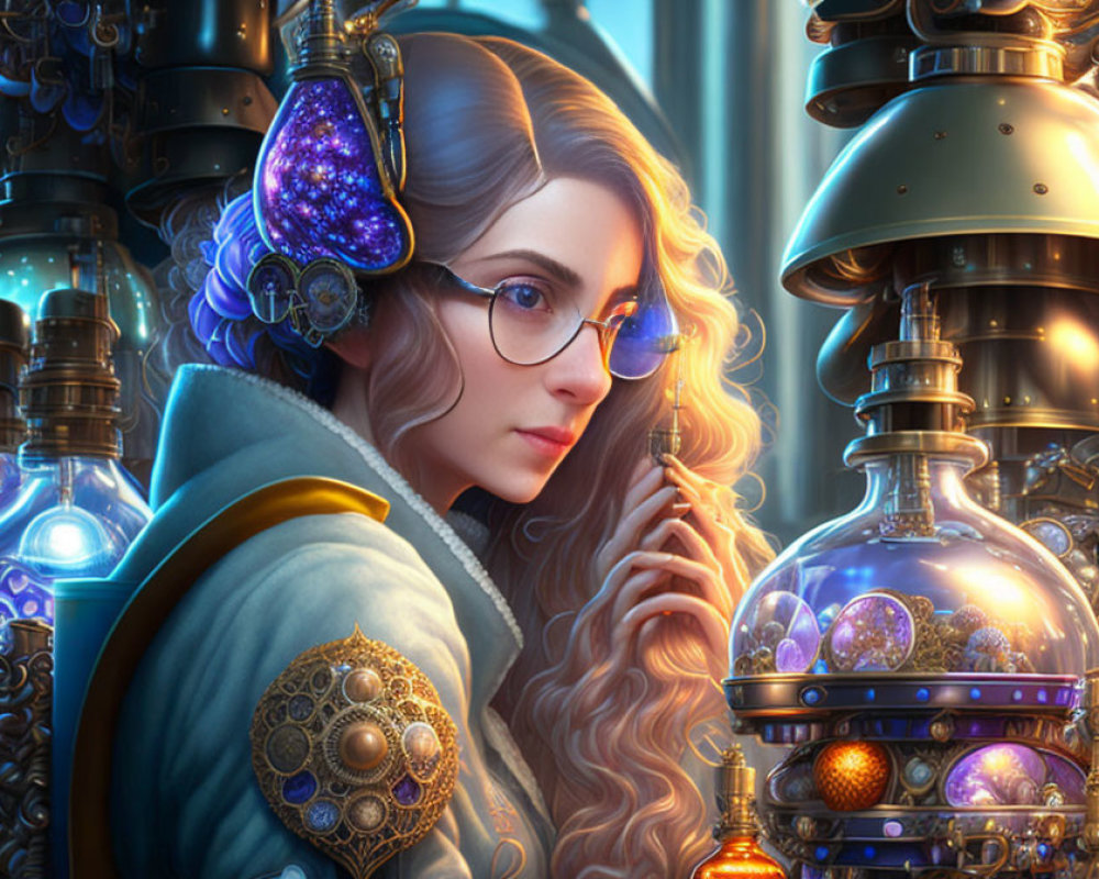 Young woman with glasses and ornate headphones in steampunk setting.