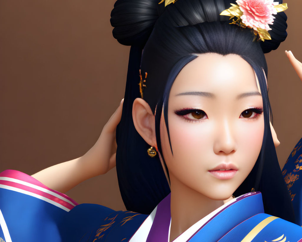 3D render of woman with East Asian hairstyle in blue kimono