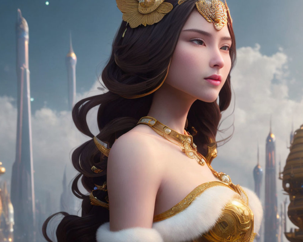 Regal woman with gold jewelry in futuristic cityscape