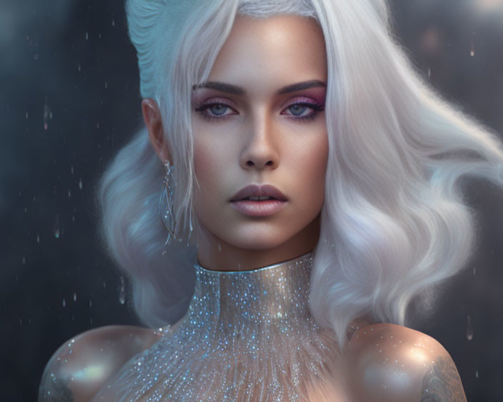 Portrait of woman with silver-white hair, blue eyes, neckpiece, tattoos under raindrops