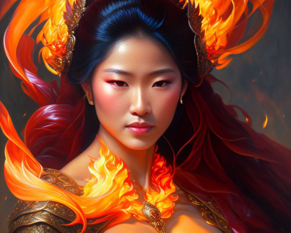 Digital art: Woman with fiery hair, blue undertones, ornate red and gold armor, mystical