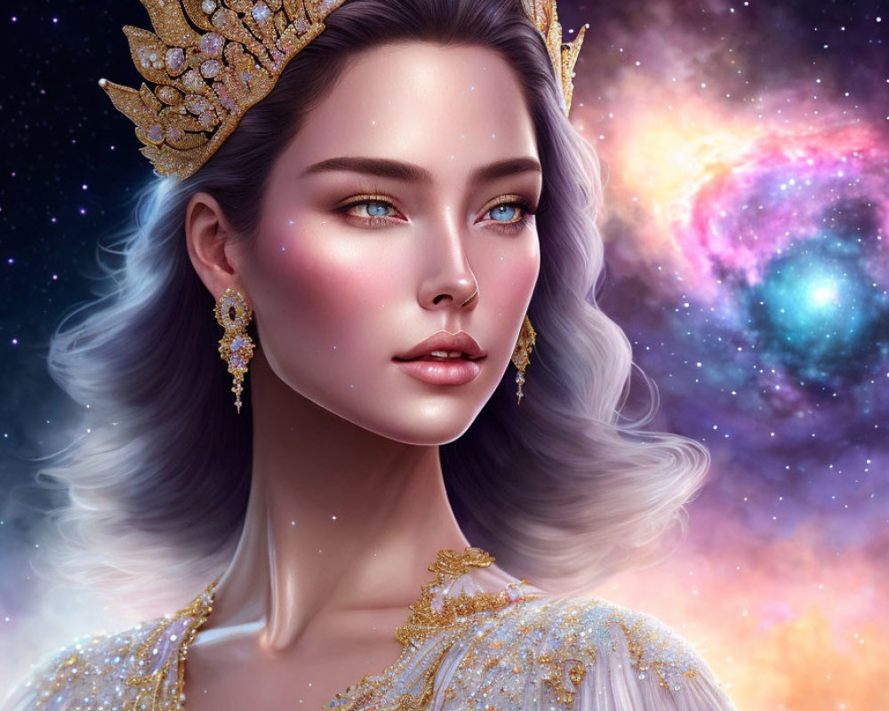 Digital artwork features woman with regal crown and golden jewelry in cosmic setting