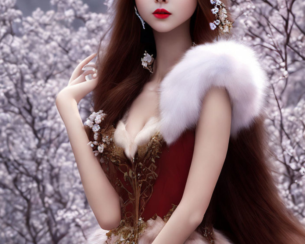 Digital artwork: Woman with fox ears in red & gold corset dress against purple trees