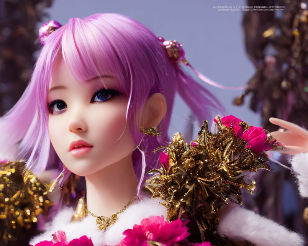 Detailed close-up of doll with purple hair, blue eyes, gold accessories, and pink florals