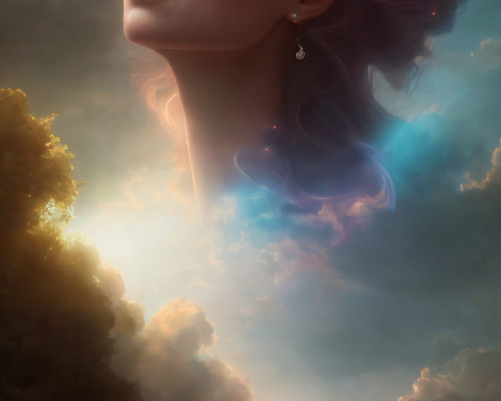 Portrait of Woman with Pink Hair in Dreamy Cloudscape and Pagoda