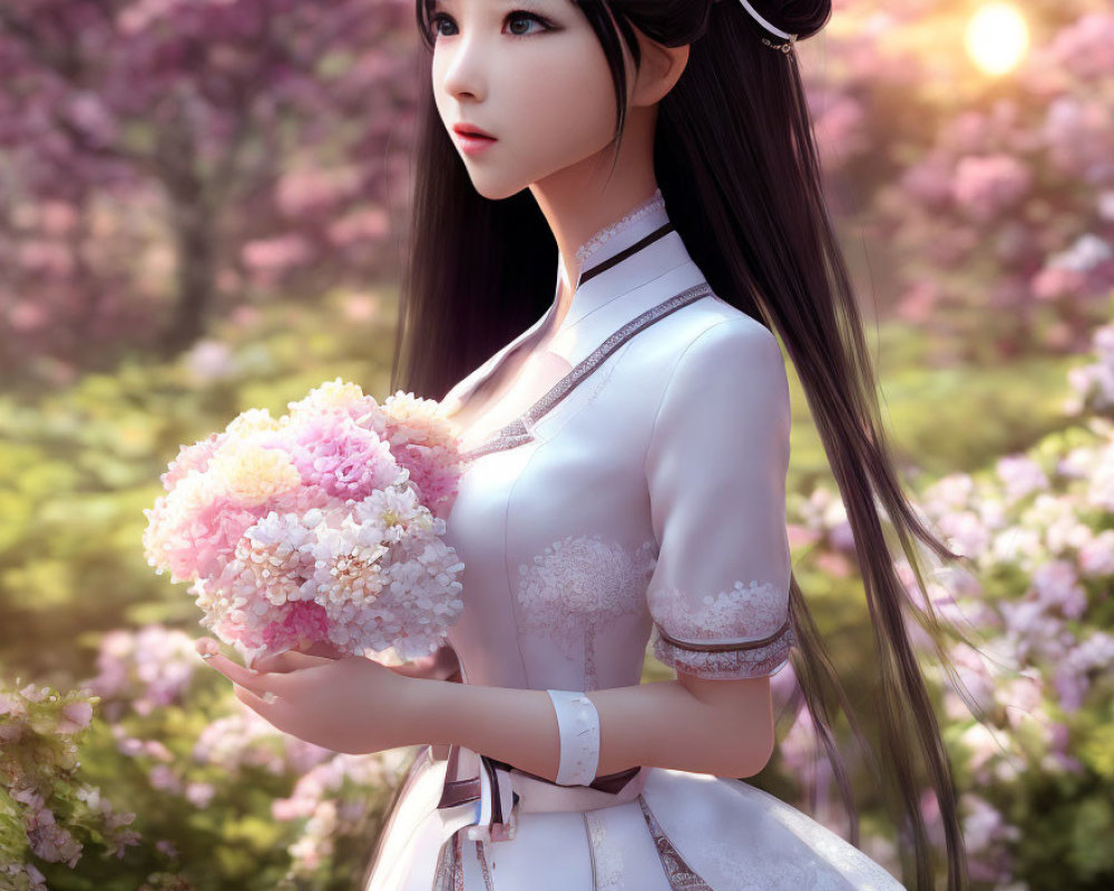 Illustrated girl with long black hair in white dress holding bouquet under pink trees