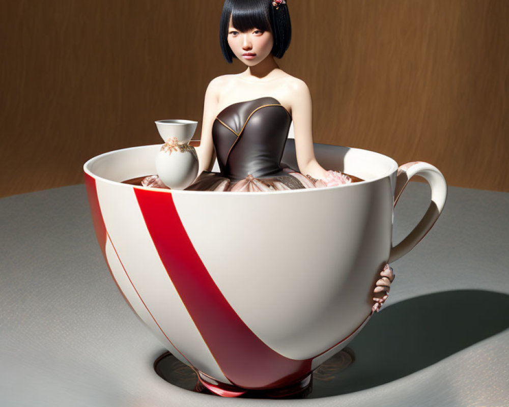 Woman with Black Bob Haircut Sitting in Large White Teacup with Red Stripe, Wearing Brown