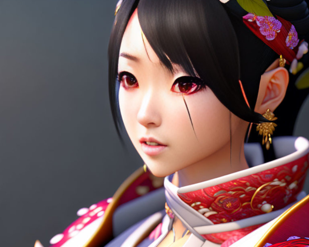 Digital portrait of woman with expressive eyes in Japanese attire