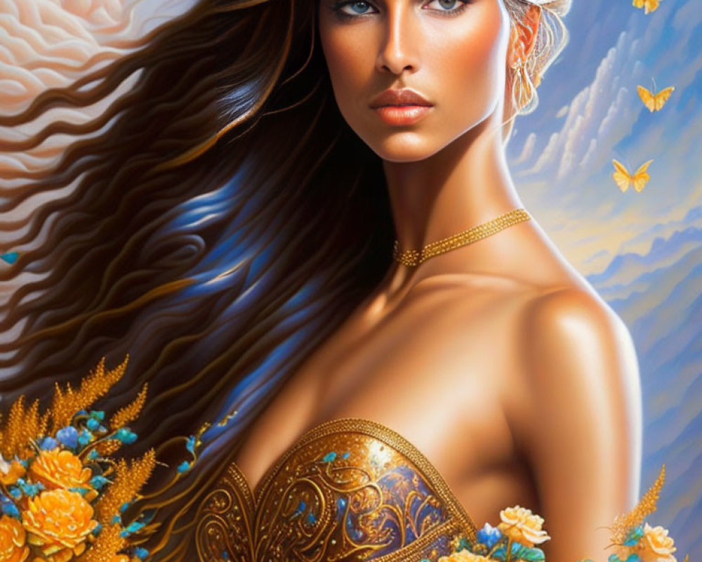 Detailed portrait of a woman with long hair, blue eyes, gold jewelry, orange flowers, and butterflies