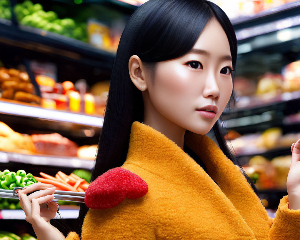 Woman in Yellow Coat Shopping with Red Vegetables and Grocery Shelves