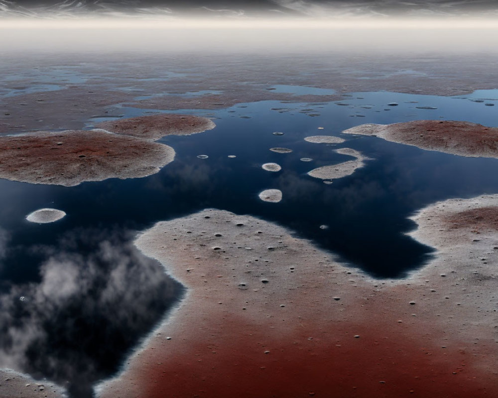 Martian landscape with scattered water bodies and thin clouds