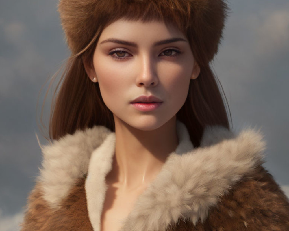 Digital Artwork: Woman with Brown Bear Ears in Fur-Trimmed Coat