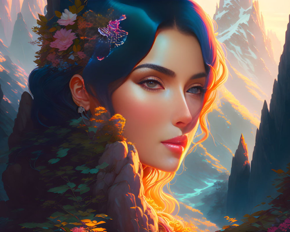 Digital Artwork: Woman with Glowing Hair and Flowers in Mystical Mountain Landscape