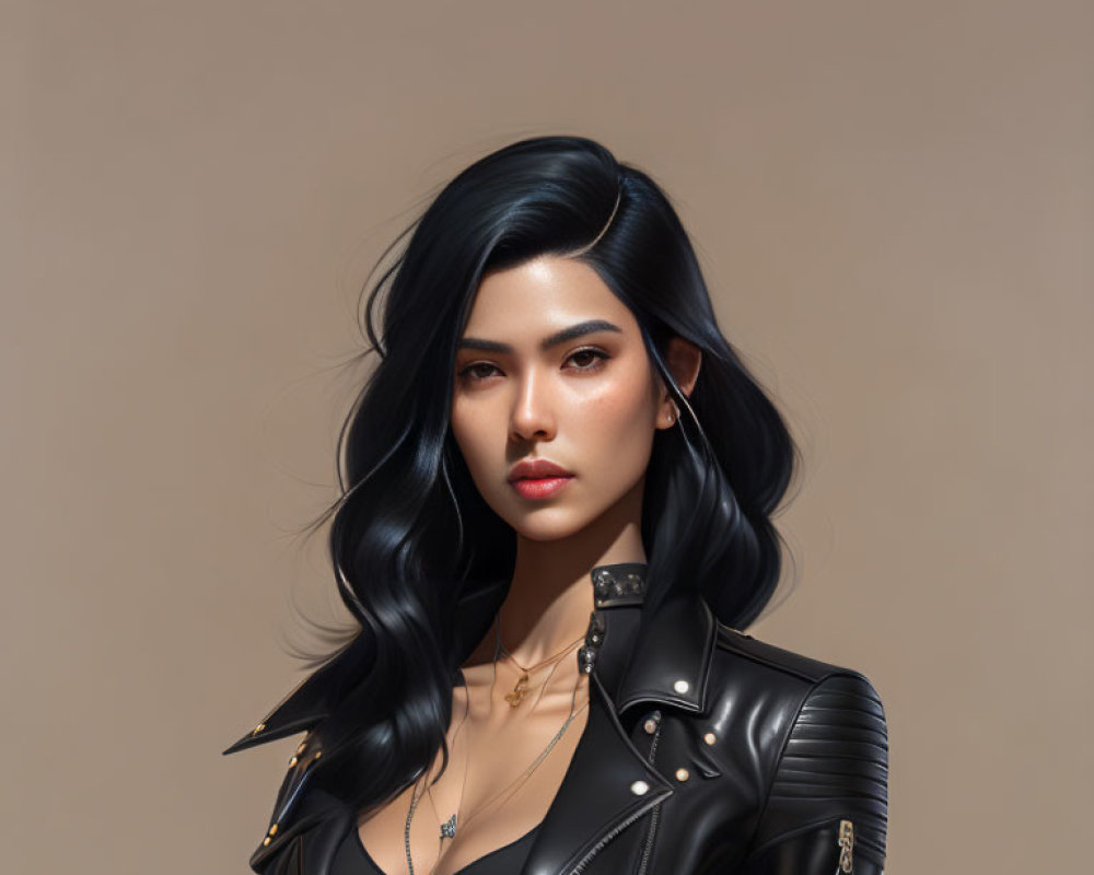 Digital artwork: Woman with long black hair and leather jacket