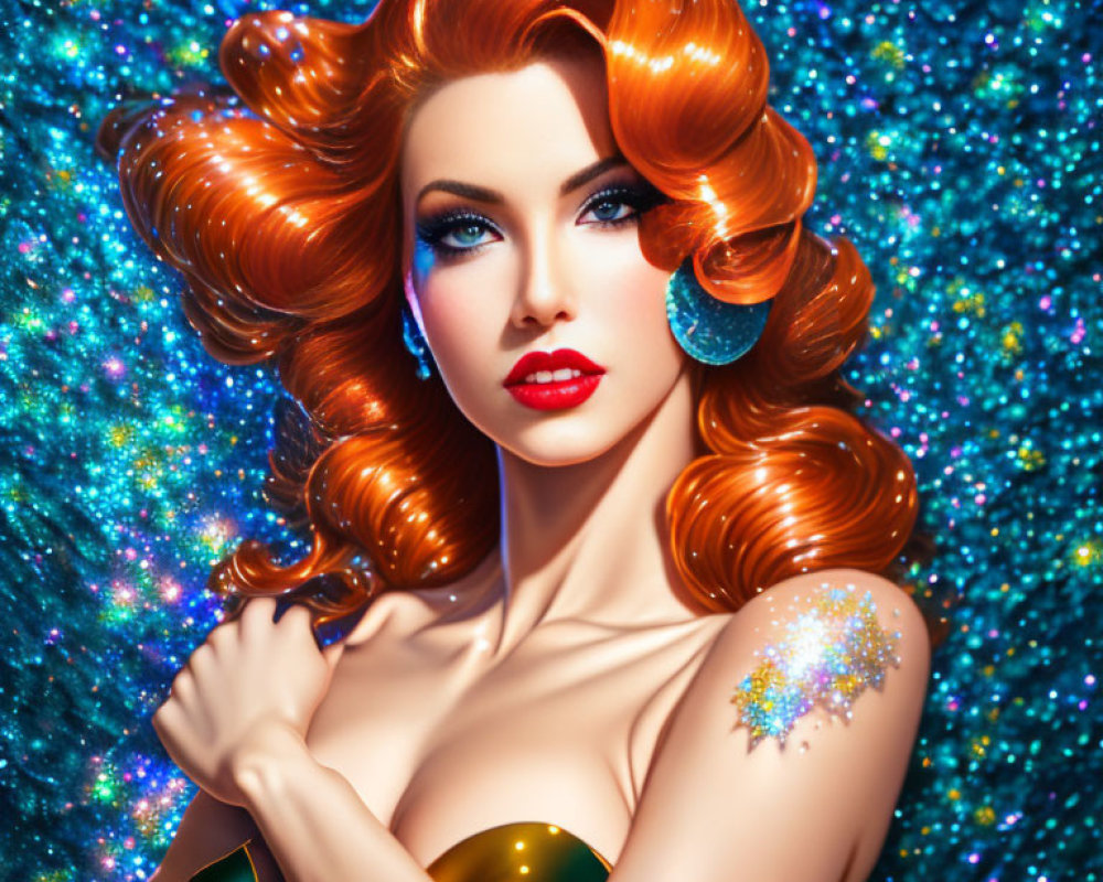 Vibrant digital portrait of a woman with red hair and glitter makeup