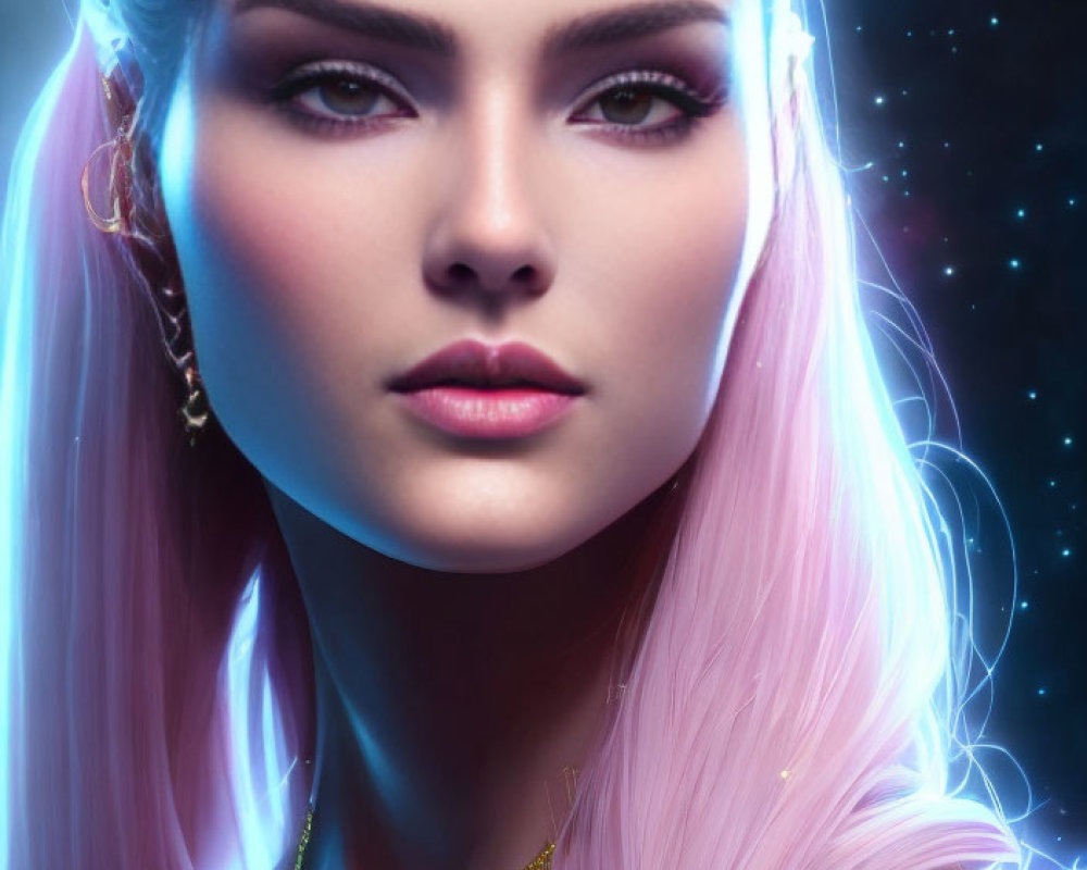 Radiant female character with pink hair and glowing aura on starry backdrop