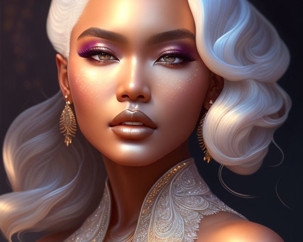 Detailed Digital Portrait of Woman with White Hair and Golden Accessories