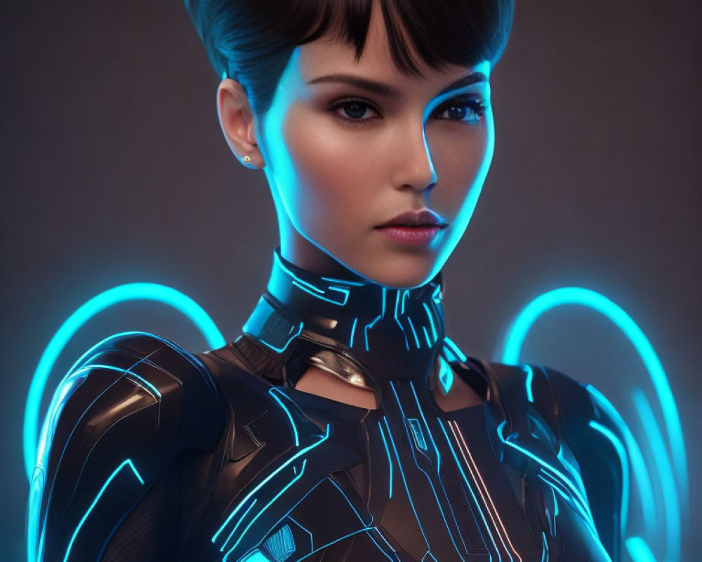 Futuristic cybernetic suit woman in 3D illustration