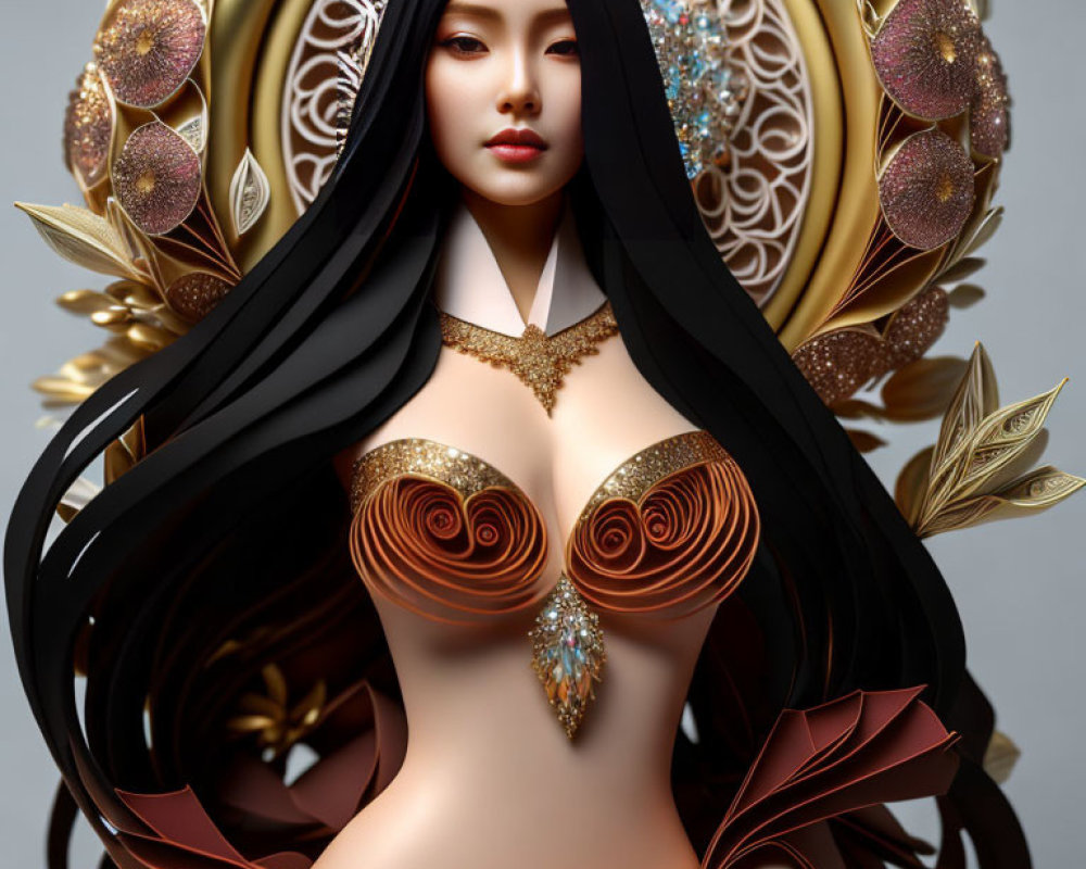 Fantasy digital art: Woman with black hair, golden ornaments, and halo in elegant attire